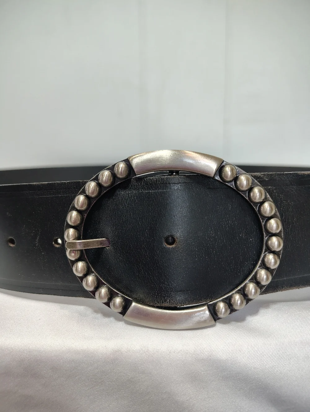 Genuine Leather Black Belt Studded Round Buckle Wide Belt 40.5” Boho Western